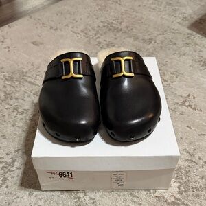CHLOE Black Clogs with Gold Buckle